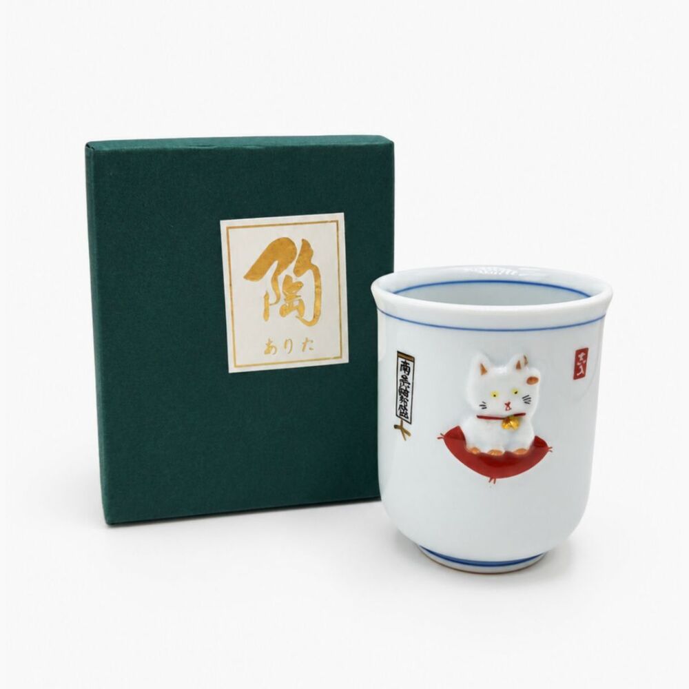 Vintage Japanese Arita Ware Maneki Neko Teacup Embossed Lucky Cat Ceramic Yunomi